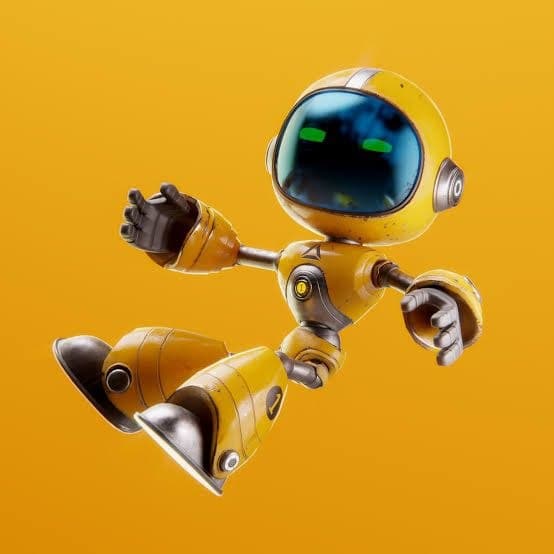 A yellow robot with a dark visor and green eyes, floating mid-leap
